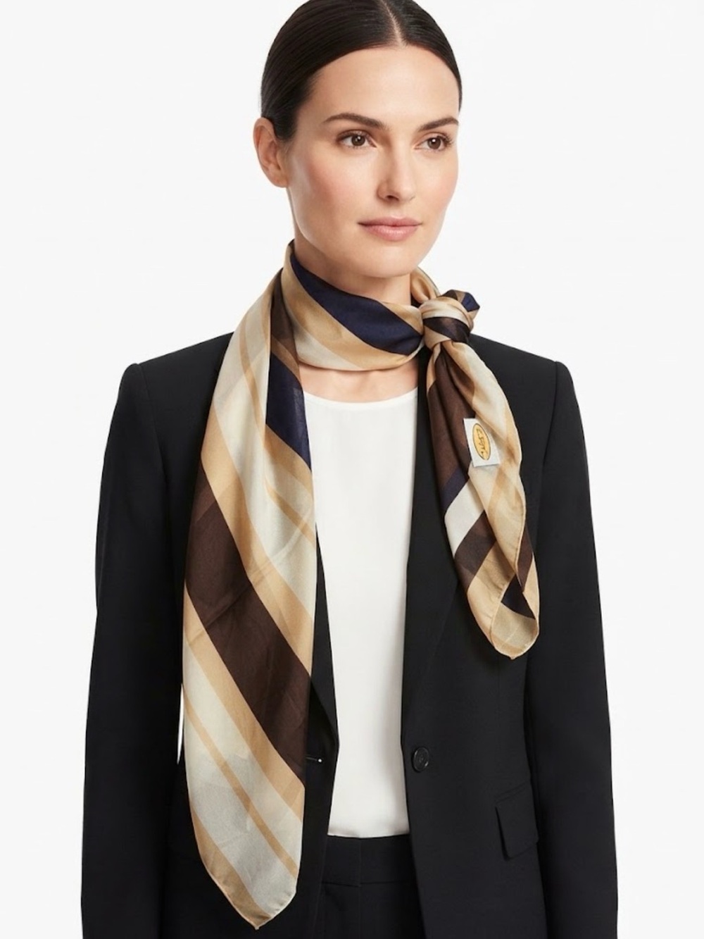 Talbots 100% Silk Plaid Scarf Brown Navy Tan Striped Long Neck Scarf Classic